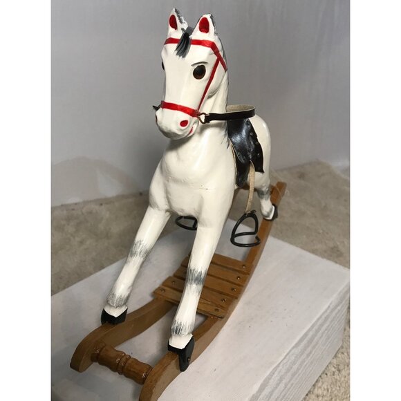 Vintage Handcrafted Wooden Rocking White Horse Decor 8” Tall 9” Long - Picture 2 of 10